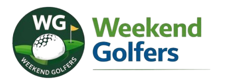 Weekend Golfers logo with golf ball and flag on green