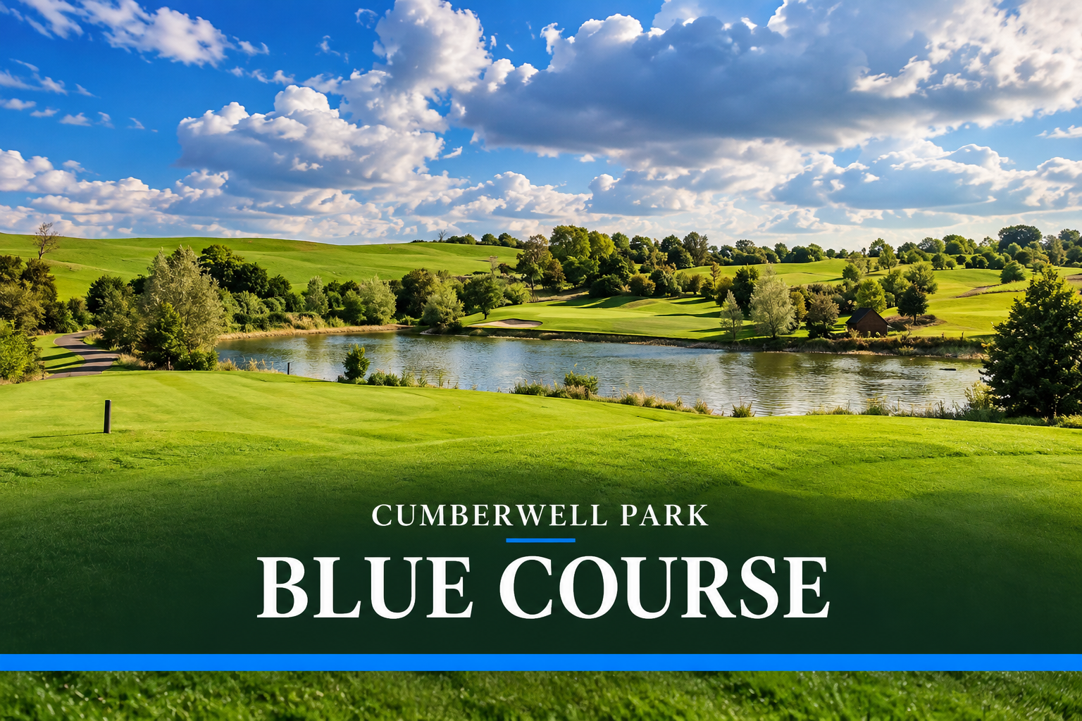Cumberwell Park Blue Course showing a lake, rolling fairways, greens and surrounding Wiltshire countryside.