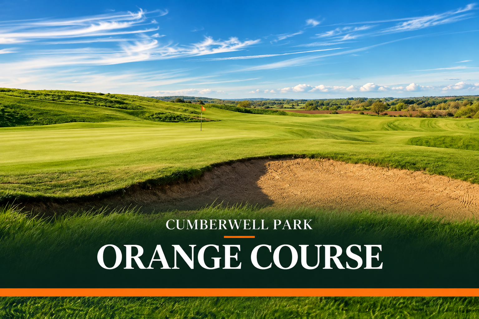 Cumberwell Park Orange Course showing a green protected by a large bunker with rolling downland countryside beyond