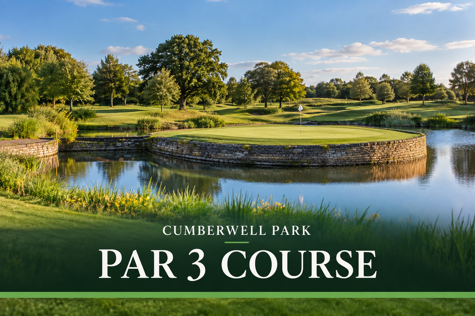 Cumberwell Park Par 3 Course featuring the island green surrounded by water and a stone wall