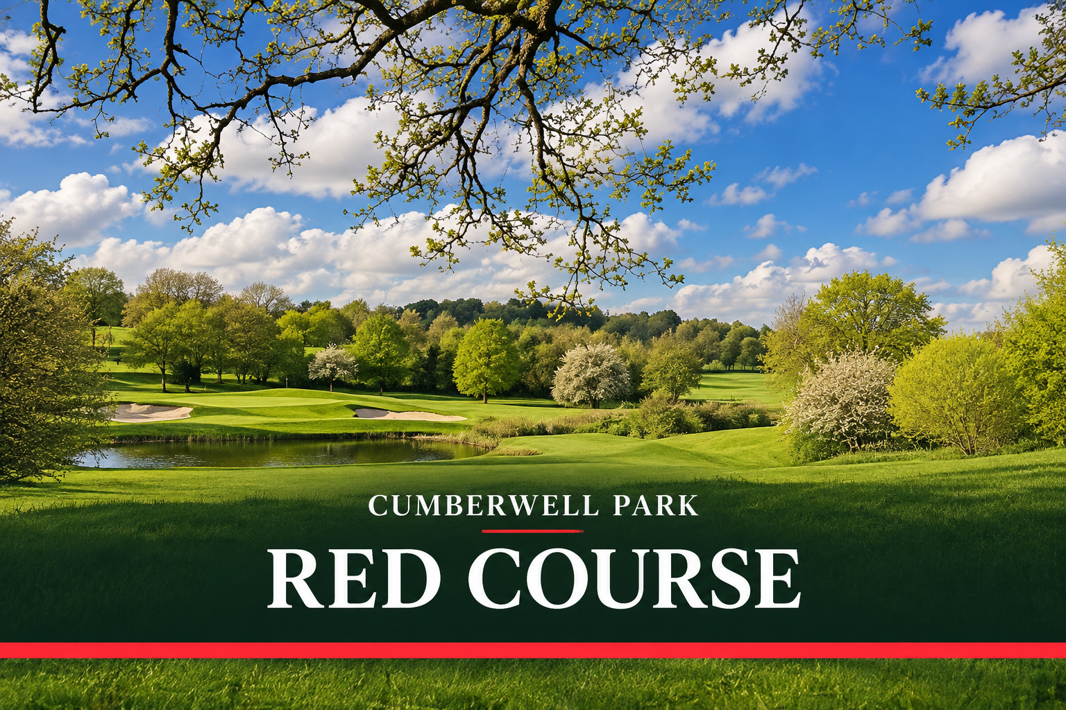 Cumberwell Park Red Course showing rolling parkland, mature trees, a stream and a putting green