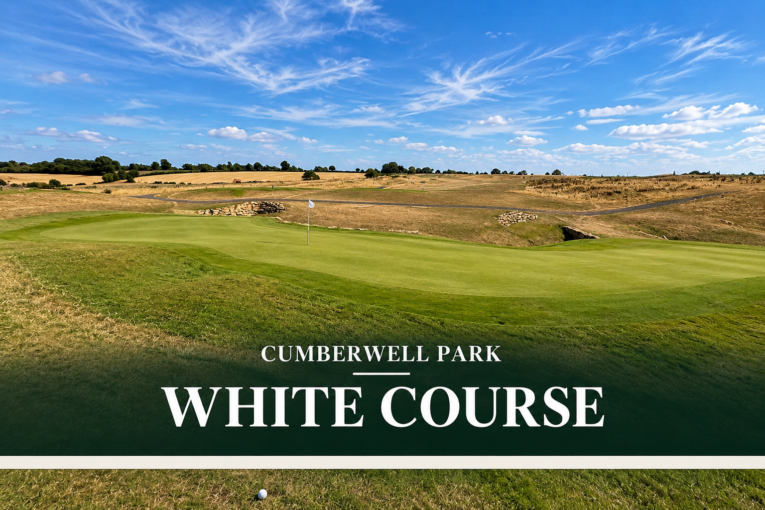 Cumberwell Park White Course showing a large putting green surrounded by rolling open downland and stone features