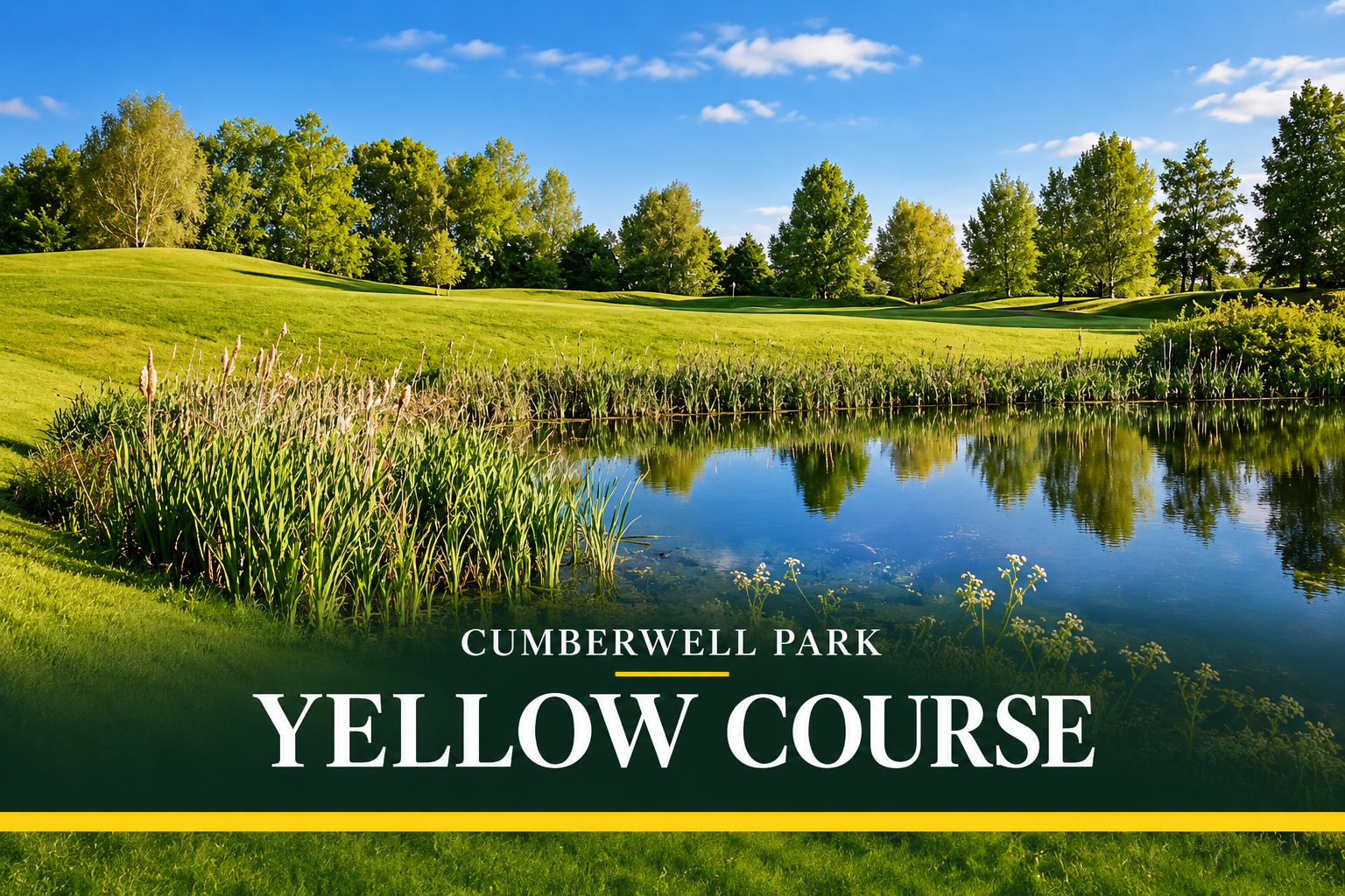 Cumberwell Park Yellow Course showing a pond surrounded by reeds, rolling fairways and mature trees.