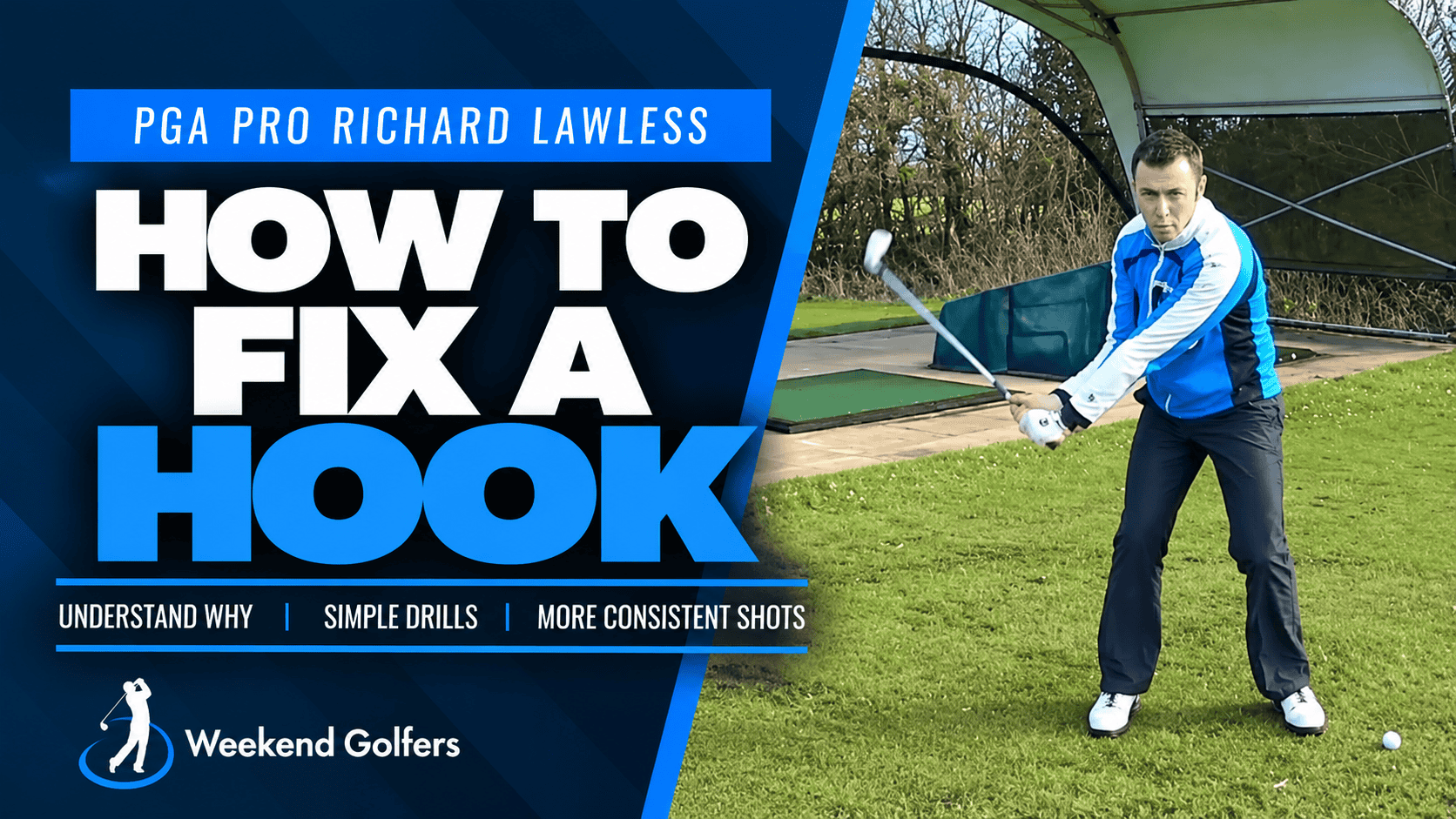 How To Fix A Hook golf coaching course with PGA Professional Richard Lawless demonstrating a golf swing position.