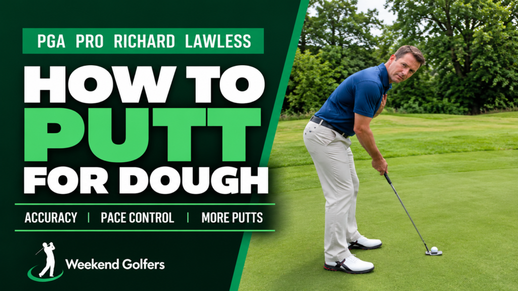 Putt For Dough golf coaching course with PGA Professional Richard Lawless demonstrating putting technique on the green.