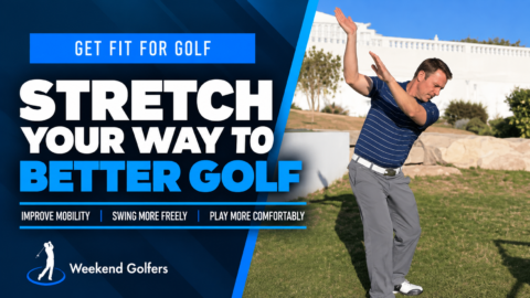 Stretch Your Way To Better Golf Image Stretch Your Way To Better Golf fitness course showing a golfer performing a golf-specific stretching exercise.